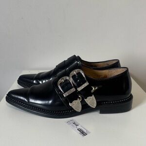 TOGA Pulla Black Leather Western Buckle Loafers